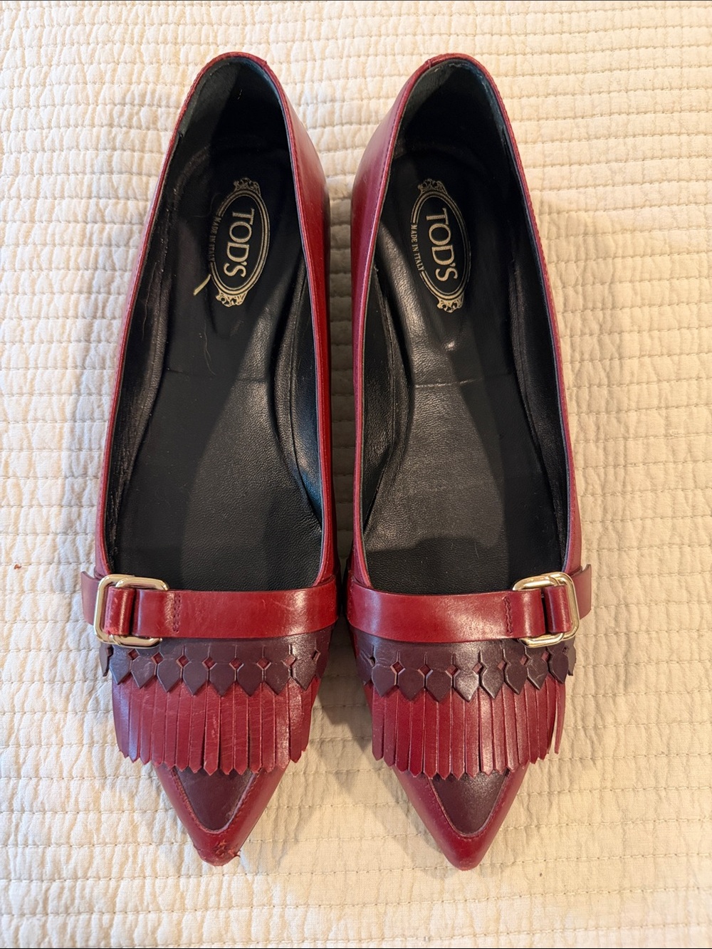 Tod's Red Leather Kiltie Fringe Pointed Flats